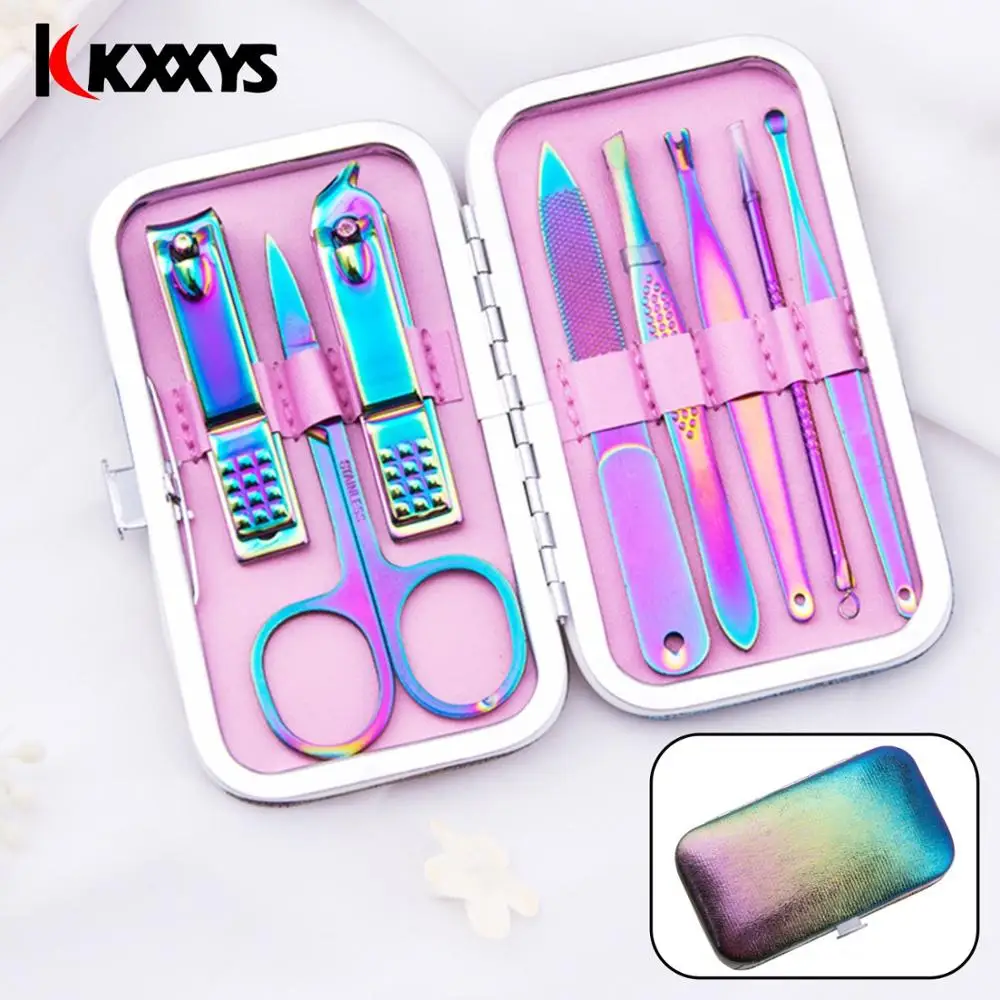 8pcS/set Rainbow Nail Clippers Set Portable Travel Stainless Steel Black Pedicure Scissor Tweezer Manicure Set Kit Nail Tools