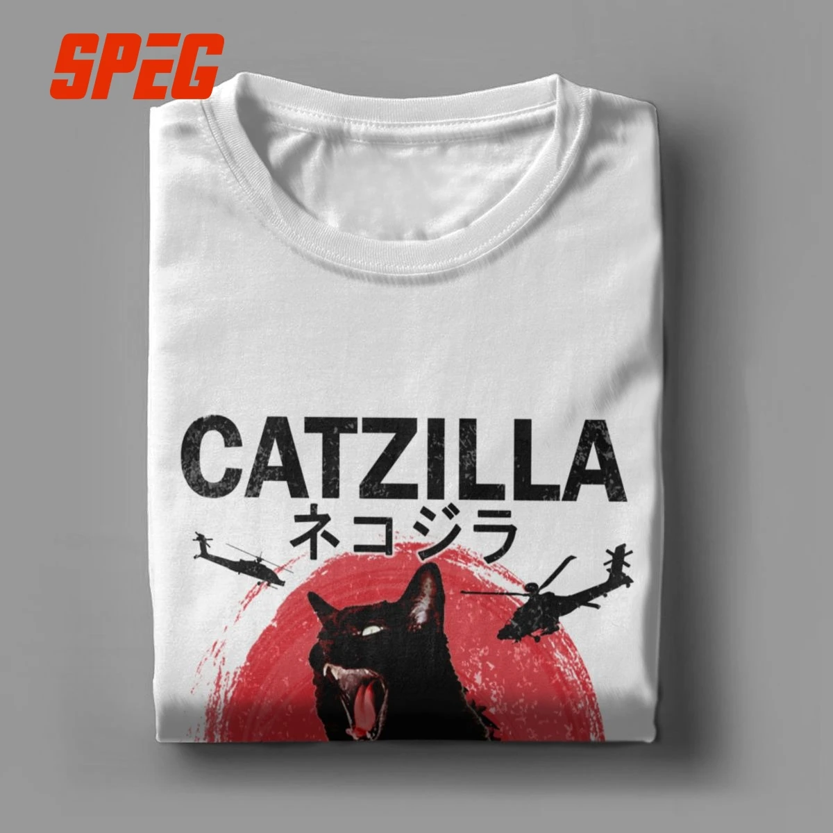 Vintage Catzilla Japanese Sunset Cat Lover T-Shirt Men Novelty Pure Cotton Tee Shirt Round Collar Short 4XL 5XL Sleeve T Shirts