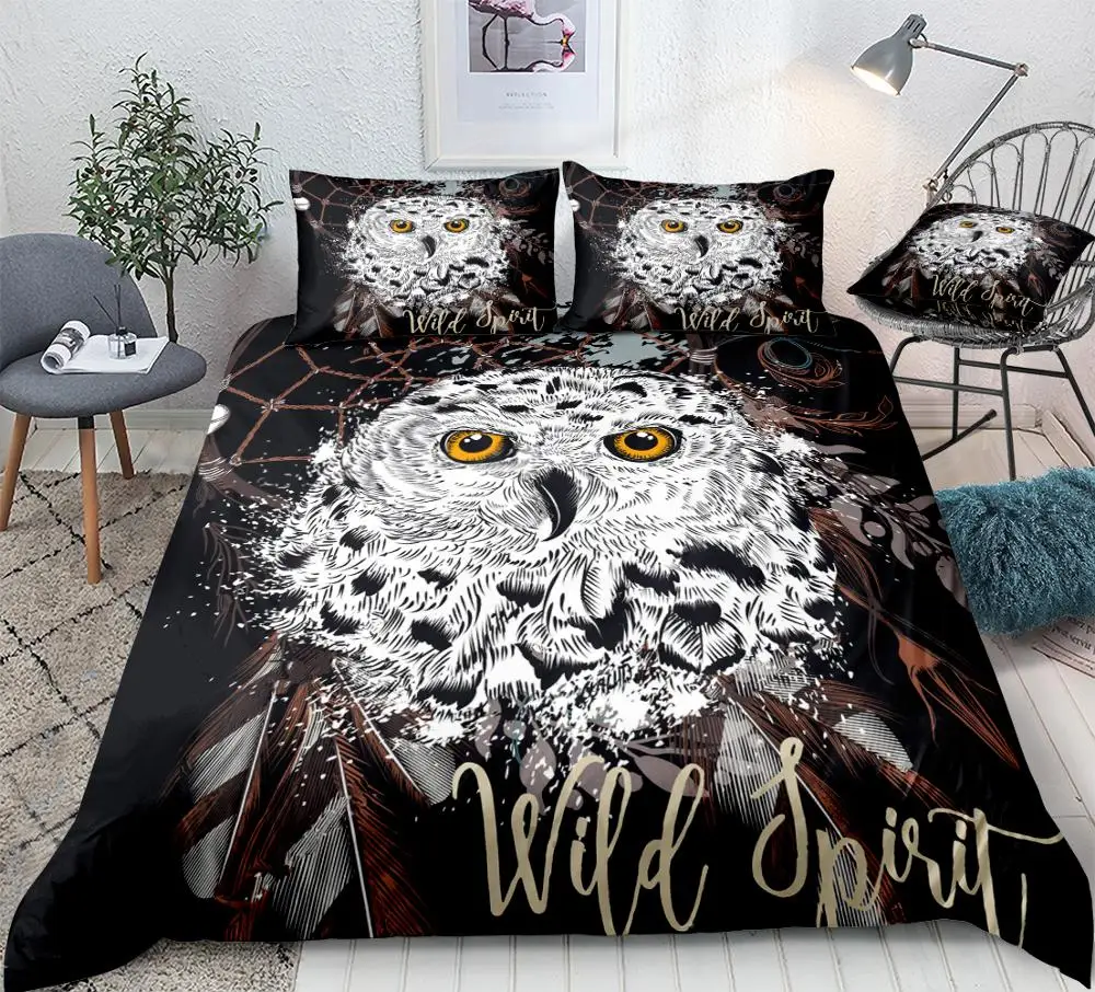 

Owl Dream Catcher Duvet Cover Set Boho White Owl Bedding Wild Animal Quilt Cover Black Queen 3pcs Teens Home Textiles Dropship