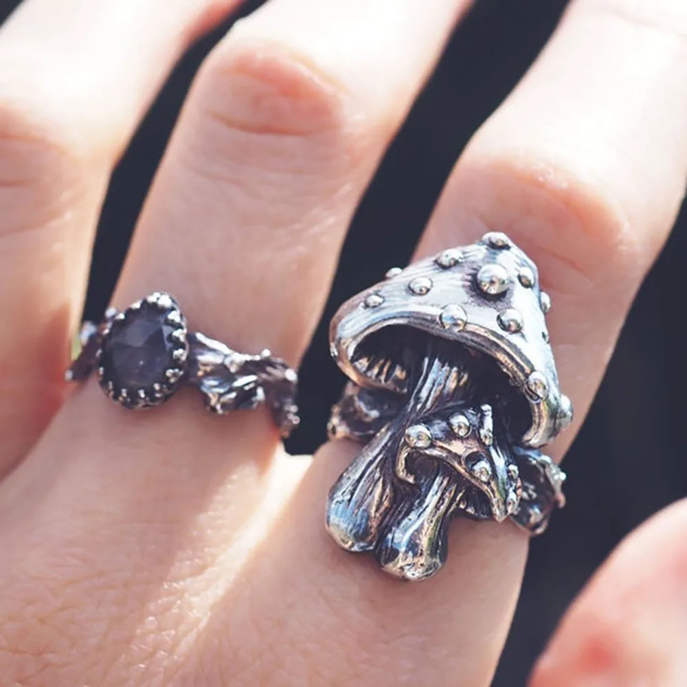 Vintage Dark Mushroom Opening Adjustable Womens Ring Gothic Punk Mens Rings Christmas Party Jewelry Gift Set Bague Femme