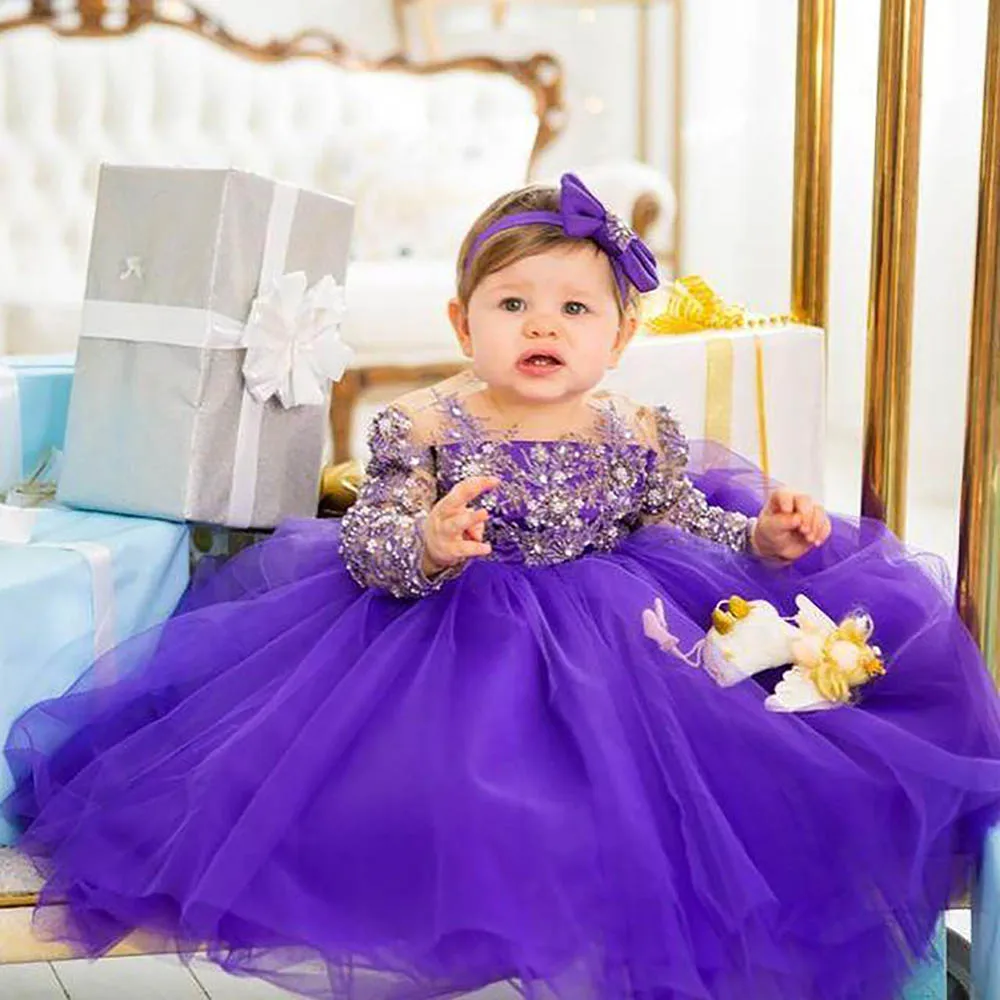 

Kids Formal Wear Beaded Flower Girl Dresses Ball Gown Sheer Neck Long Sleeves Lilttle Kids Birthday Pageant Gowns