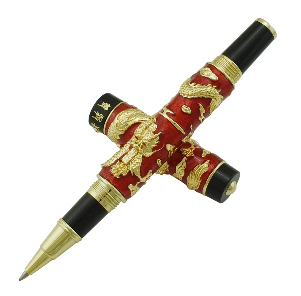 Jinhao Red Cloisonne Double Dragon Rollerball Pen with Smooth Ink Refill Advanced Craft Writing Gift Pen for Business, Graduate