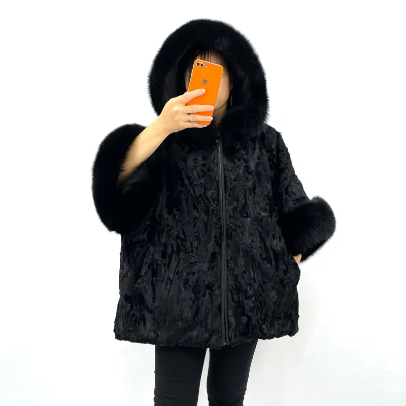 Winter Women Real Karakul Fur Poncho Big Size Coat Natural Fox Collar Bat Sleeve Loose Warm Fashion Style Can Be Customized