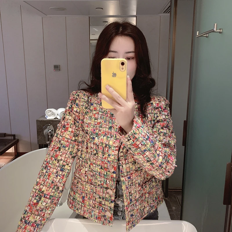 

Fashion Temperament Color Plaid Weave Tweed Jacket 2021Autumn Winter Women New Elegant Woolen Office Ladies Coat