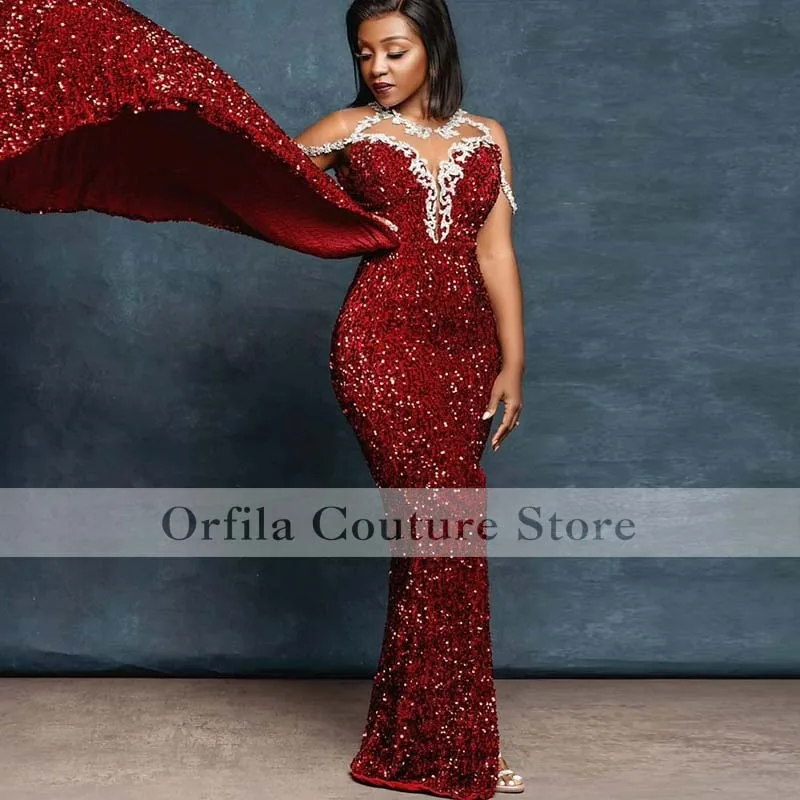 Sequin Lace Red Prom Dress 2021 Arabic Mermaid Formal Informal Reception Gowns Occasion Party Dresses