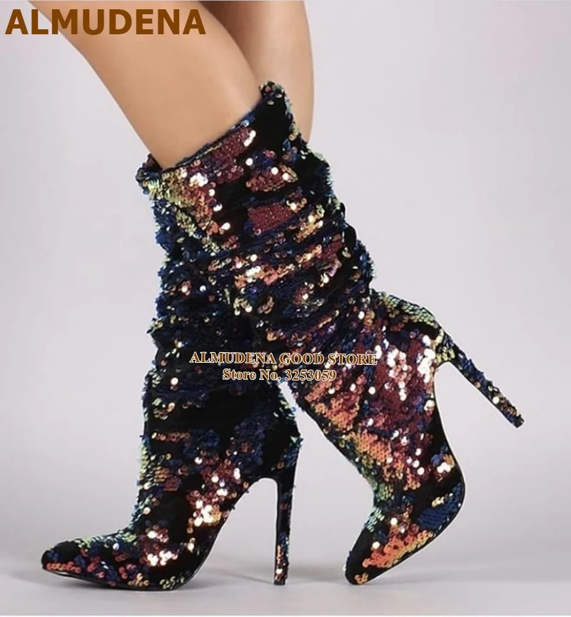 

ALMUDENA Women Sexy Bling Bling Multi-color Sequined Mid-calf Boots Colorful Paillette Stiletto Heels Middle Boots Wedding Shoes