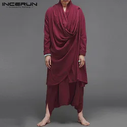 INCERUN Men Sets Cotton Streetwear 2023 Solid Long Sleeve Turtleneck Irregular Cloak Coats Drop Crotch Pants Vintage Mens Suits