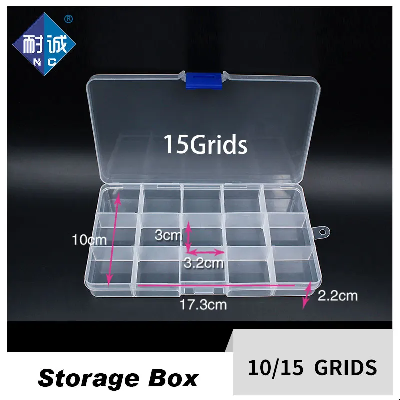 10/15Grids Plastic Box Adjustable Jewelry Box Beads Pills Nail Art Storage Box Organizer for office housekeeping organization-.-