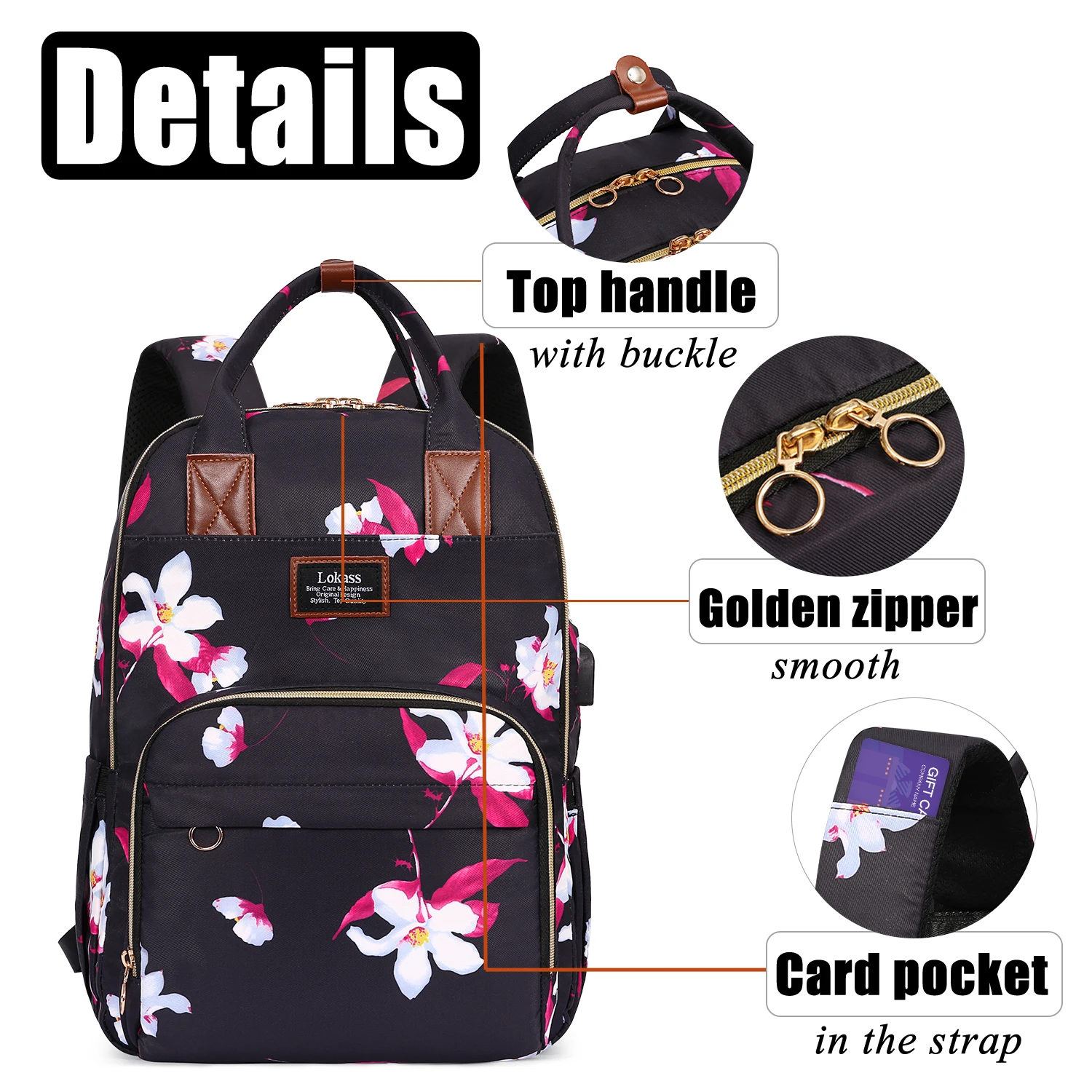 LOKASS-USB Carregamento Mochilas para Mulheres, Mochila Escolar para Meninas, Moda Empresarial, Mochila Laptop, 15.6\