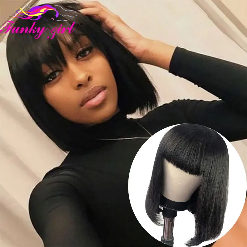 Straight Short Bob Human Hair Wigs With Bang Brazilian Remy Human Hair Bob Wig Transparent 13x6x1 T Part Lace Wigs Natural Color