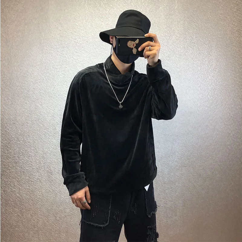 Men's New Velvet Warm Turtleneck Popular Loose Large Size Standing Collar Solid Color All-Match Base T-Shirt