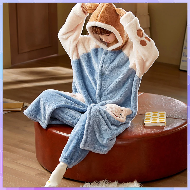 Cartoon Hooded Robes Women's Winter Nightgowns Thick Warm Bathrobe Female Coral Fleece Kimono Sleepwear Coats Dressing Gown 2XL