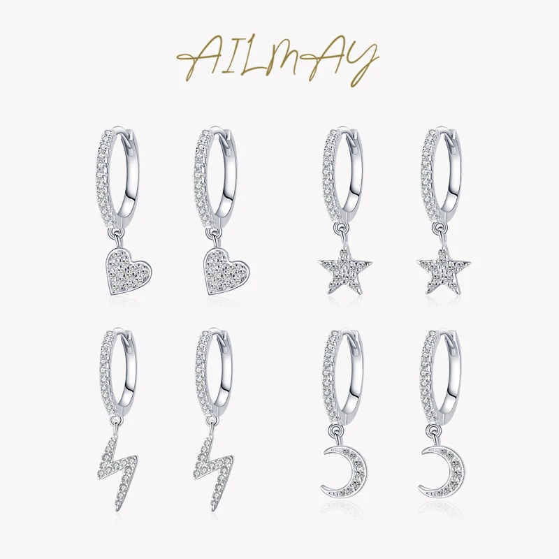 Ailmay Fashion 925 Sterling Silver Star Moom Heart Drop Earrings Luxury Dazzling CZ For Women Romantic Wedding Statement Jewelry