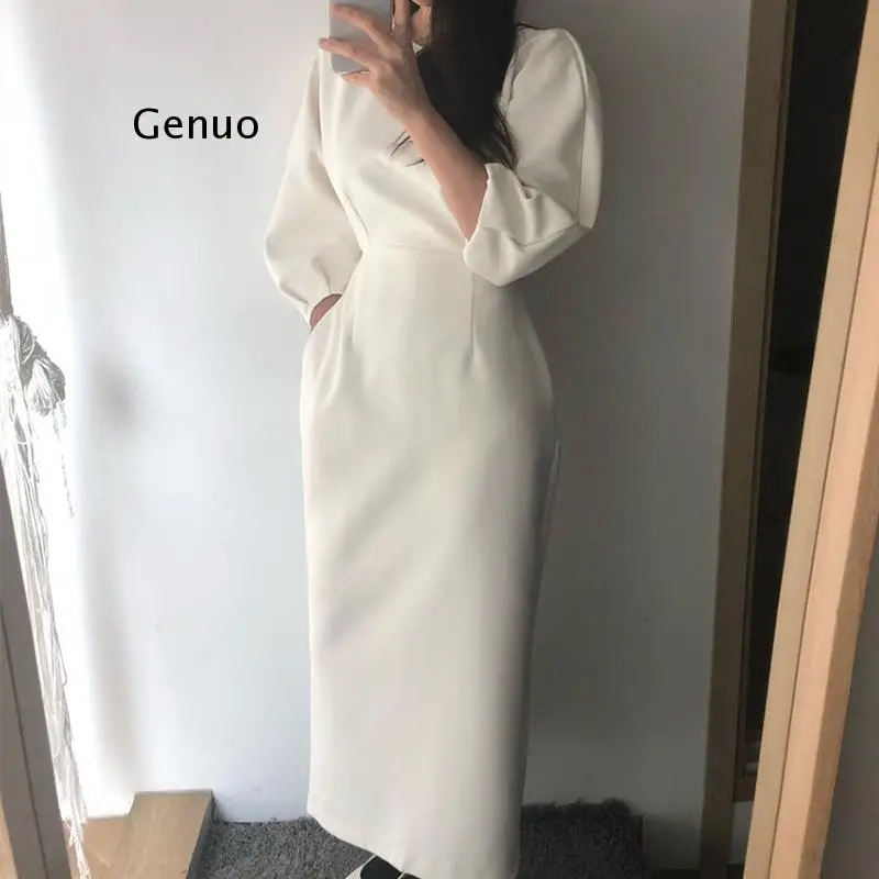 

Elegant Ladies Office Dress Fashion Sexy Solid Color Dress Women Slim Midi Dress Vestidos