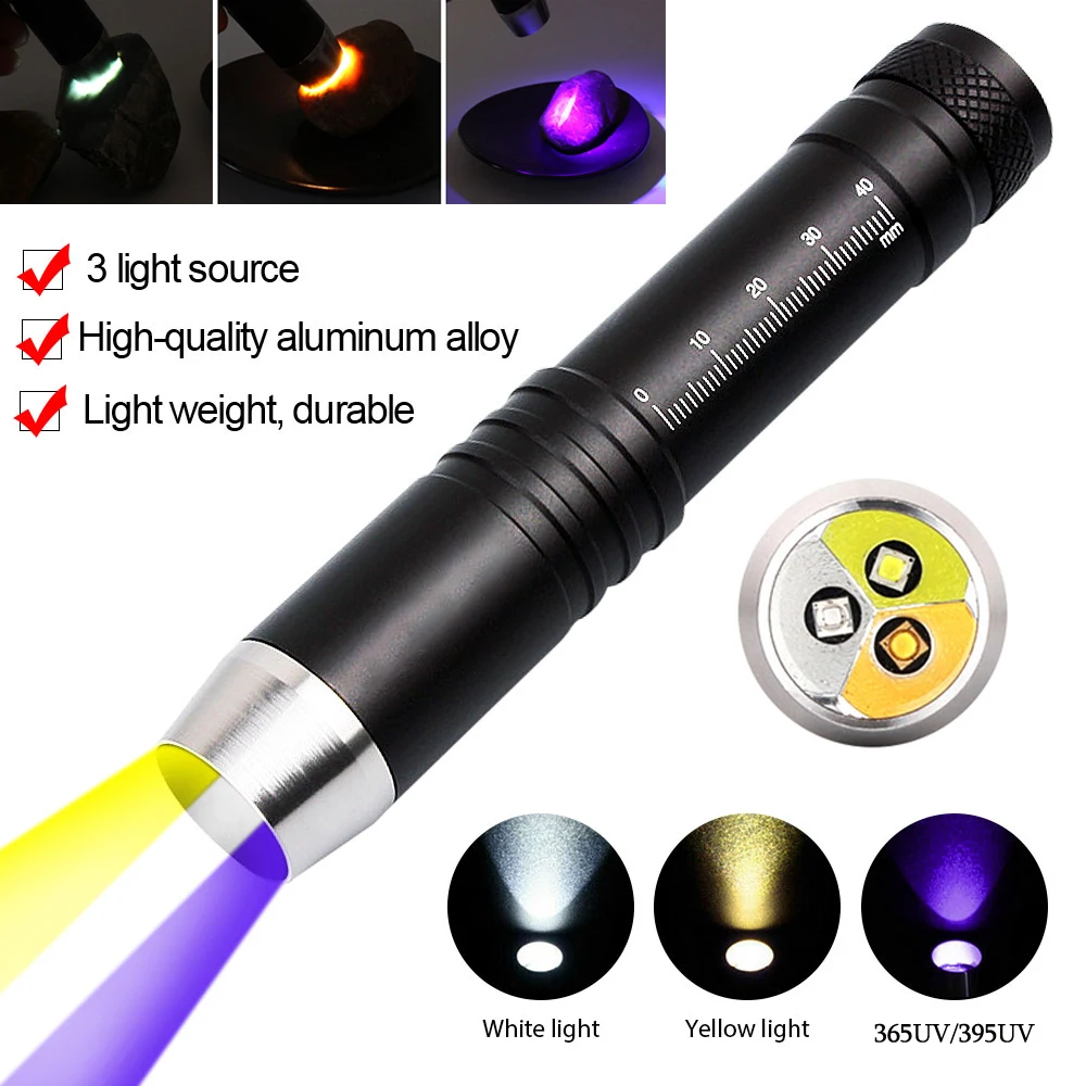 UV Led Flashlight Ultraviolet 365nm/395nm UV White Yellow 3 LEDs Lanterna Jade Jewelry Money Identification Pet Stains Marker