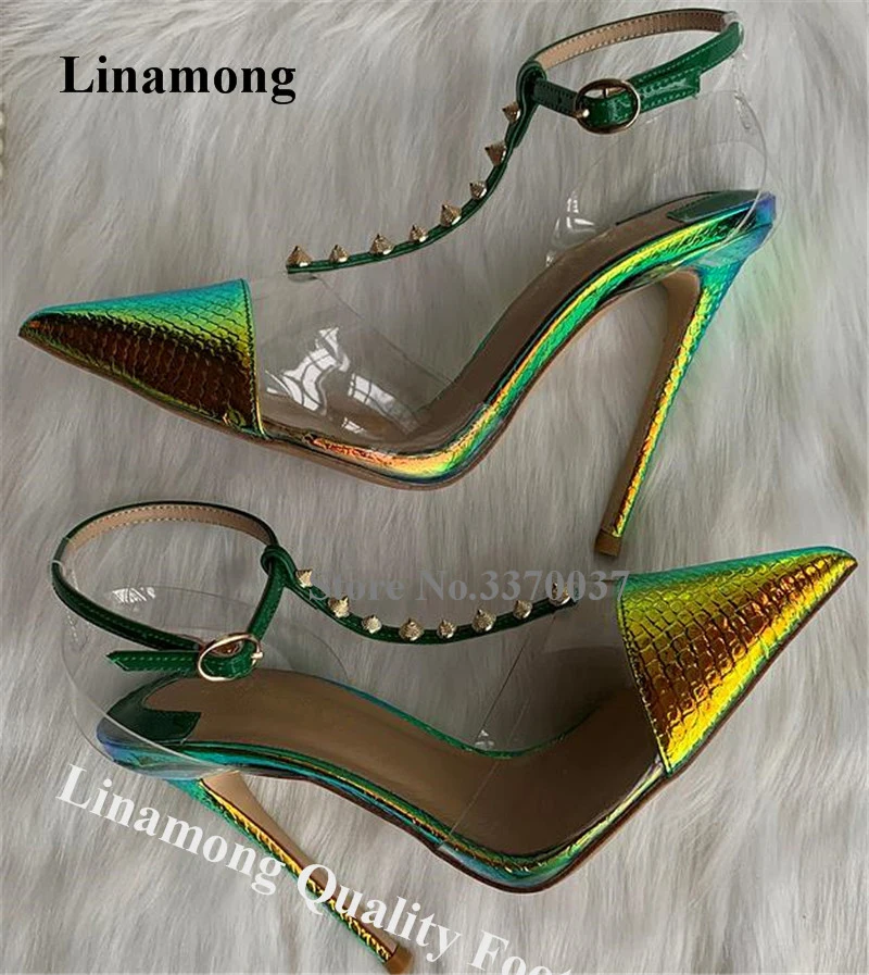 

Linamong Shining Pointed Toe Snake Leather Gold Rivets Stiletto Heel Pumps PVC Patchwork Studded T-strap High Heels Dress Shoes