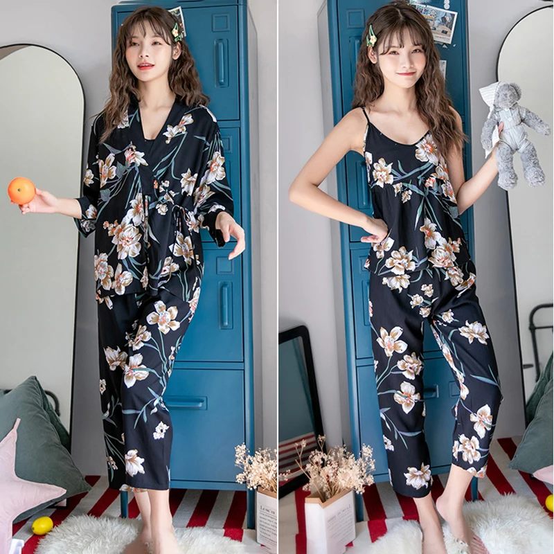 Women\'s Pajama Robe Set Sleepwear Suit Flower Printed Pijama Warm Home Clothing Nightwear Pyjama Women Sexy Lingerie 3 pieces