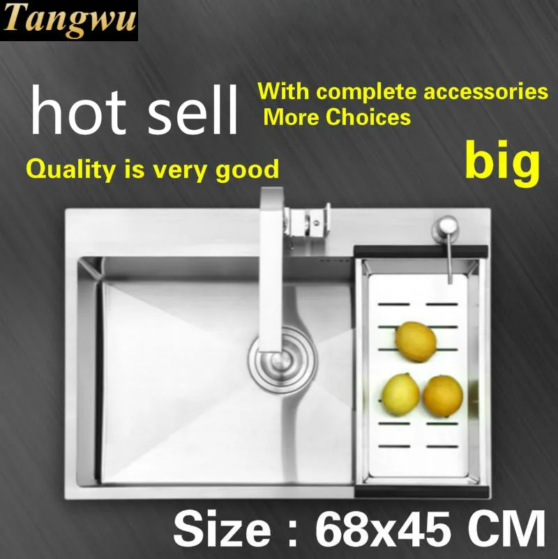 

Free shipping Kitchen sink standard big durable 304 stainless steel 3 mm hand made single slot hot sell 680x450 MM