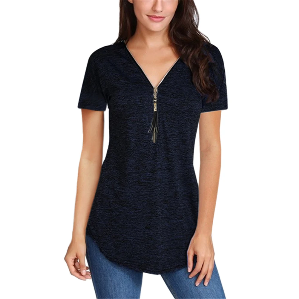 Tassel Zipper V Neck Short Sleeve T-Shirt Casual Women Solid Color Tunic Top