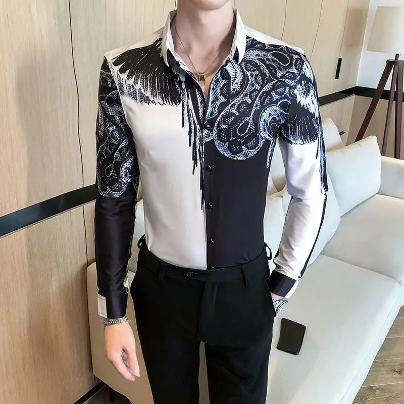 Snake British Style Print Shirt Men 2020 Autumn Korean Slim Fit Men Long-sleeved Shirt Floral Shirt Fashion Formal Shirt For Men