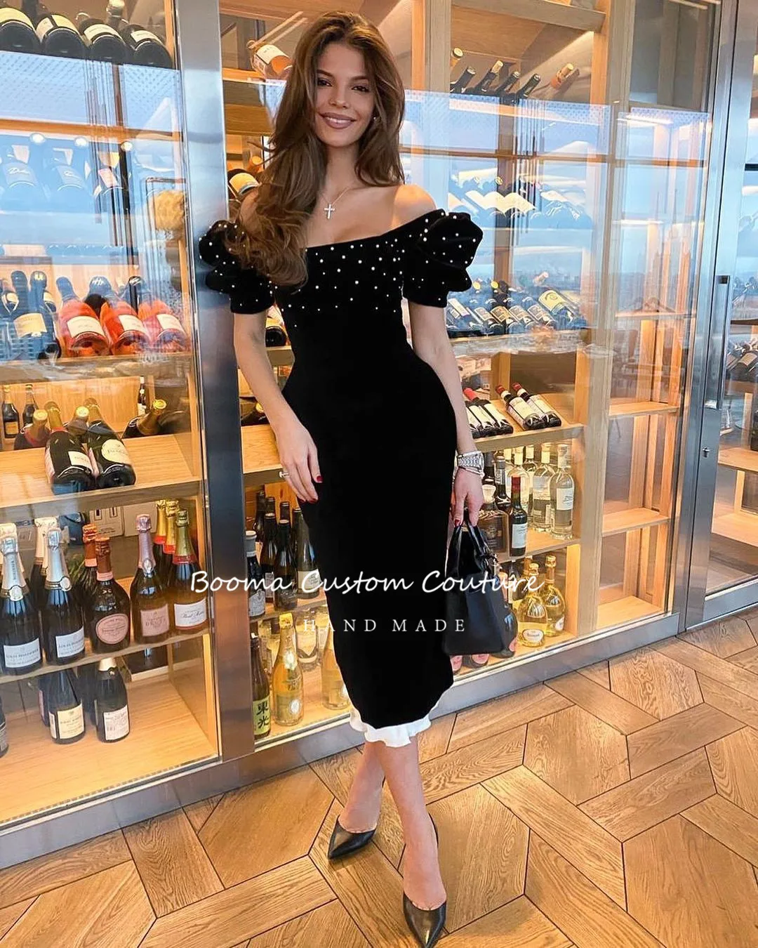 Booma Black Off Shoulder Fluwelen Midi Prom Jurken Korte Mouwen Kralen Parels Thee-Lengte Velour Schede Formele Avondjurken