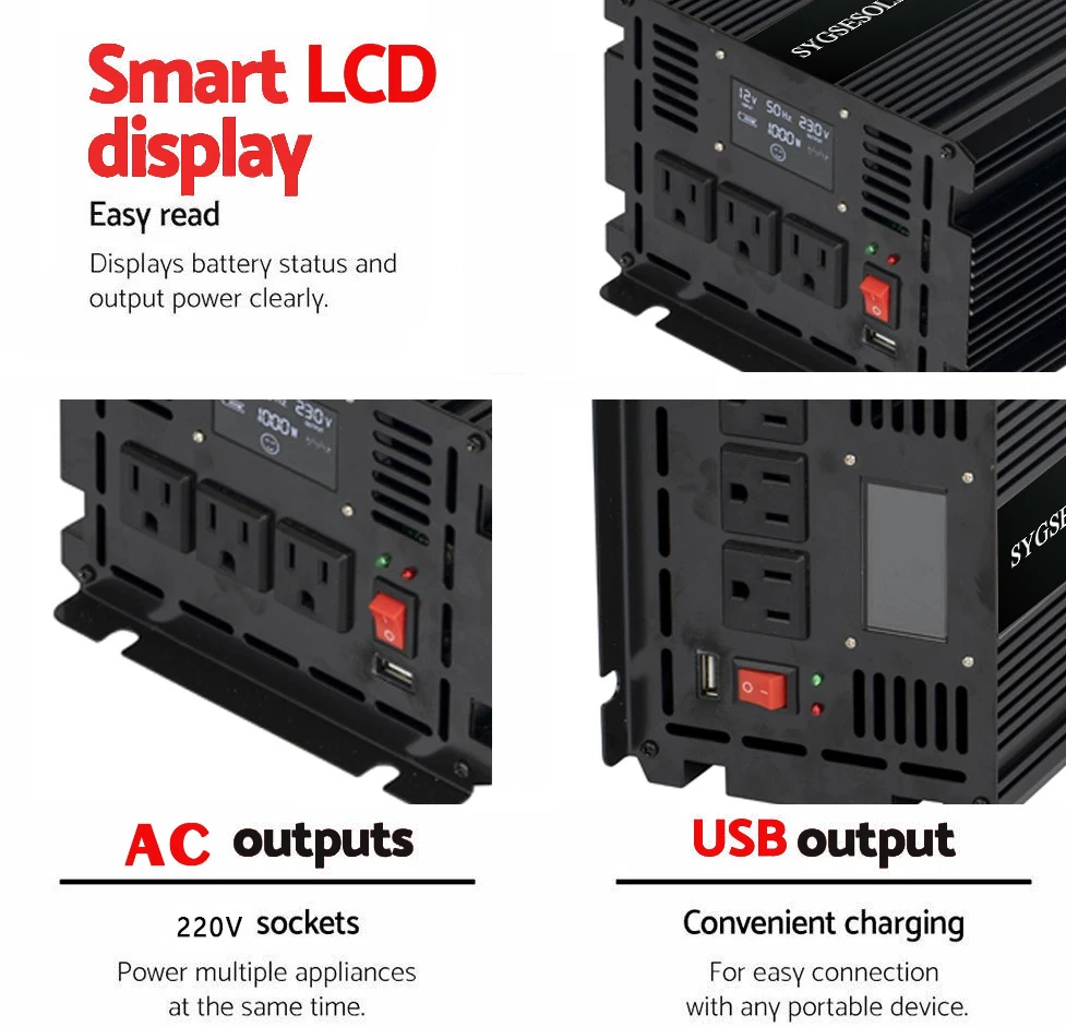 Onduleur 12v 24v dc à ac 110v 230v 1000w pour installation solaire, avec chargeur de batterie