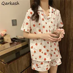 Pajama Sets Women Summer Lovely Strawberry-print Sweet Teens Korean Style Leisure Fashion Design Mujer Soft Simple Sleepwear Ins