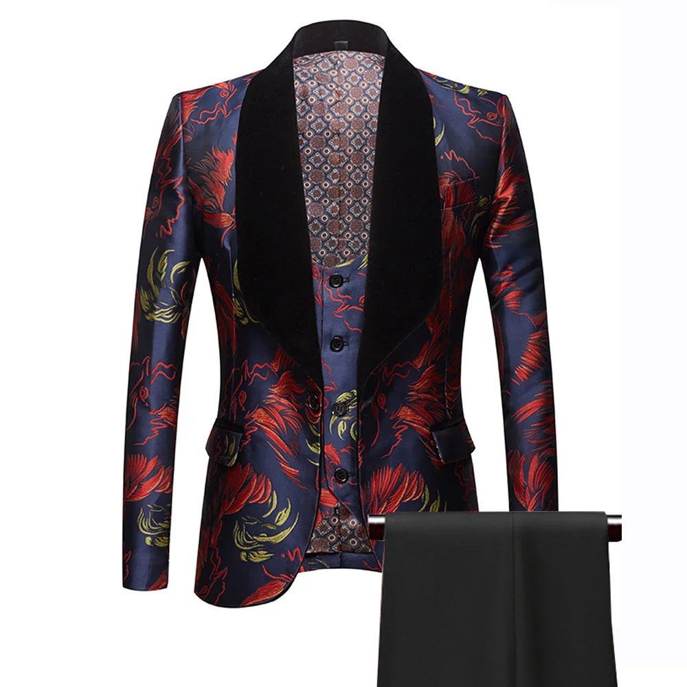 Floral Printed Suits for Men Slim Fit Prom Party Wedding Groom Best Man Suits Tuxedo Velvet Lapel Jacket Vest Pants 3 Piece Set