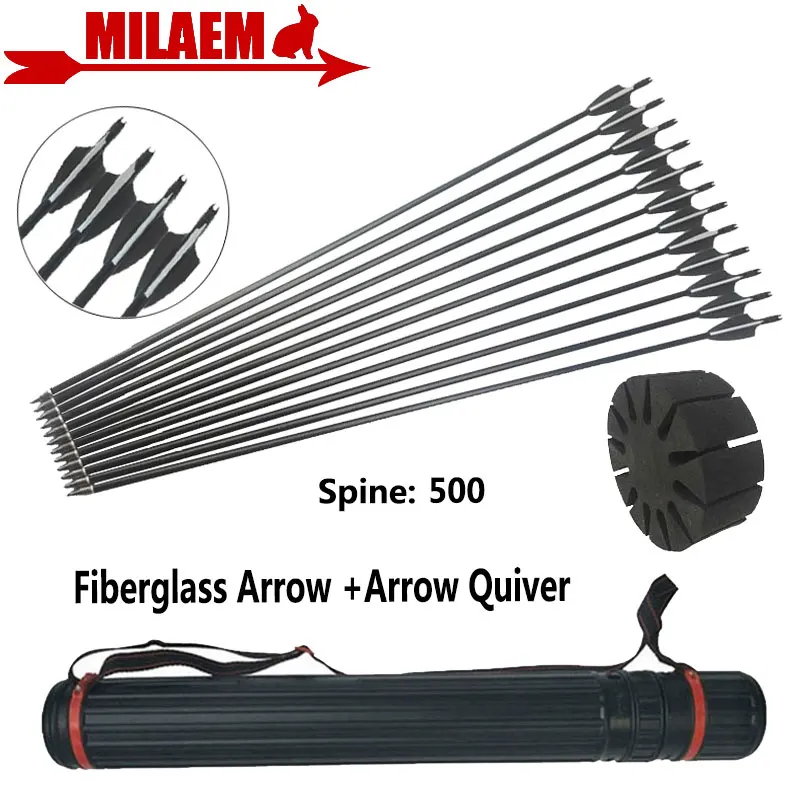 

12pcs Archery Fiberglass Arrow With Arrow Quiver Spine 500 Glass Fiber Arrow Rubber Feather Replace Points Hunting Accessories