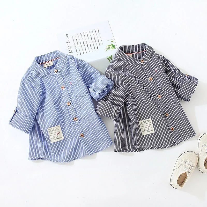 2023 Spring Autumn 2 3 4 6 8 10 Years New Design MANDARIN COLLAR Long Sleeve Pocket Classic Striped Shirts For Kids Baby Boys