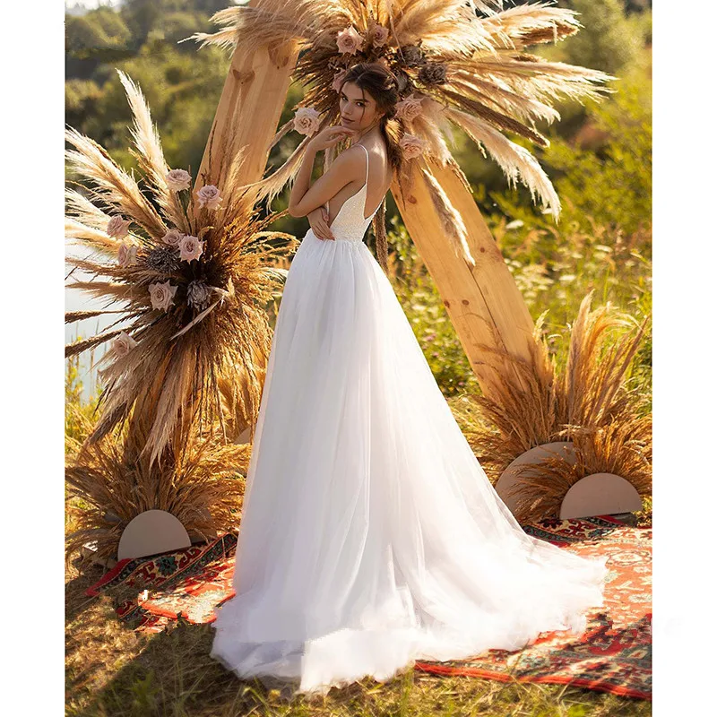 Vestido de casamento simples na praia, decote em v, cinta esparguete, vestido de noiva, marfim branco, elegante, 2024