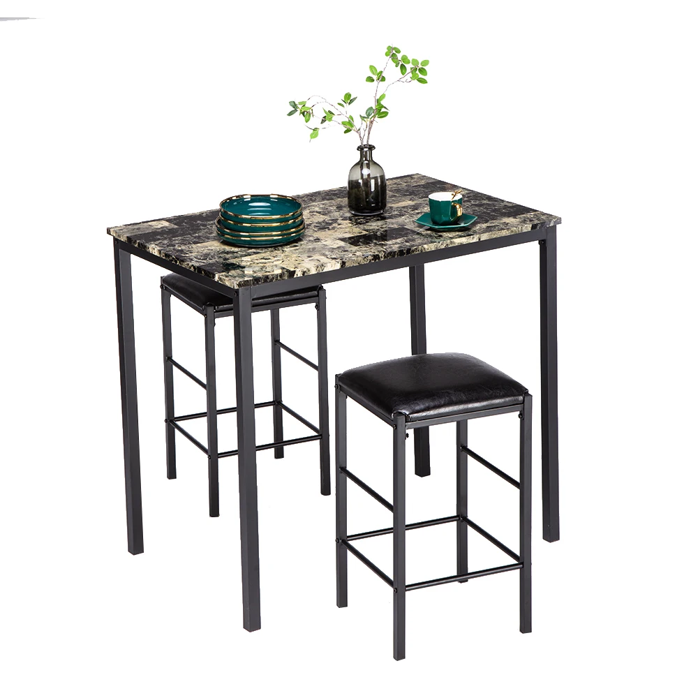 Dinning Table Set  [90 x 60 x 82] cm Marble Face High Dining Table and Chair Cushion Black 3 Piece Set 1 Table 2 Chairs