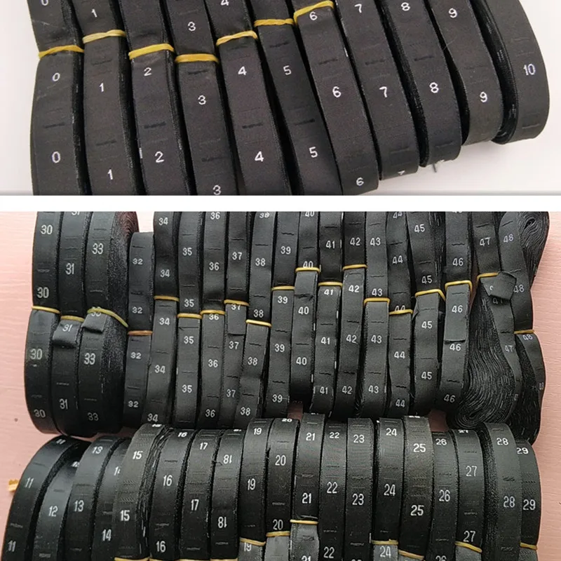 50 etiquetas de tamaño de tela tejida negra, tallas 0 1 2 3 4 5 6 7 8 9 10 12 14 16 18 20 22 36 38 40 42 44 46 48 50, etiquetas de tamaño de poliéster