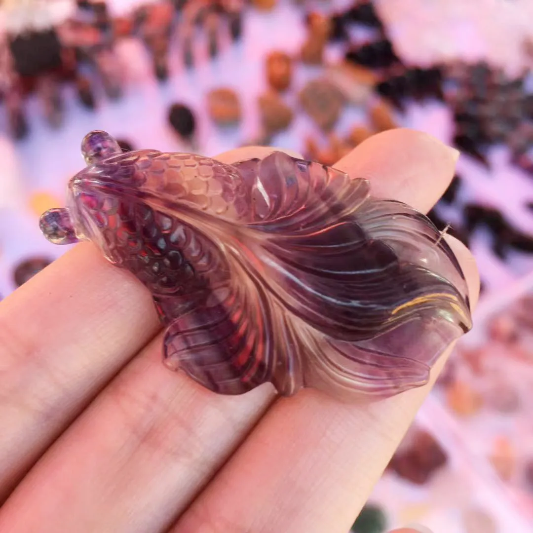 

Natural Quartz Crystal Stone Carved Rainbow fluorite Goldfish Stone Healing Cute Fish Shape Stone model