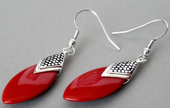 

Hot sell Noble- fabulous 925 Silver Red Coral Flat Drop Earrings 14/5"