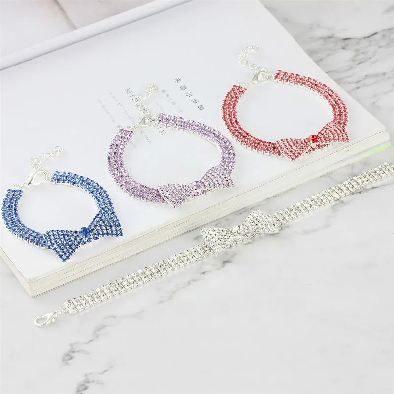 Rhinestone Bowknot Dog Collar Luxury Puppy Accessories for Small Dogs Cat Crystal Wedding Jeweled Necklace Gifts for Girl Pet