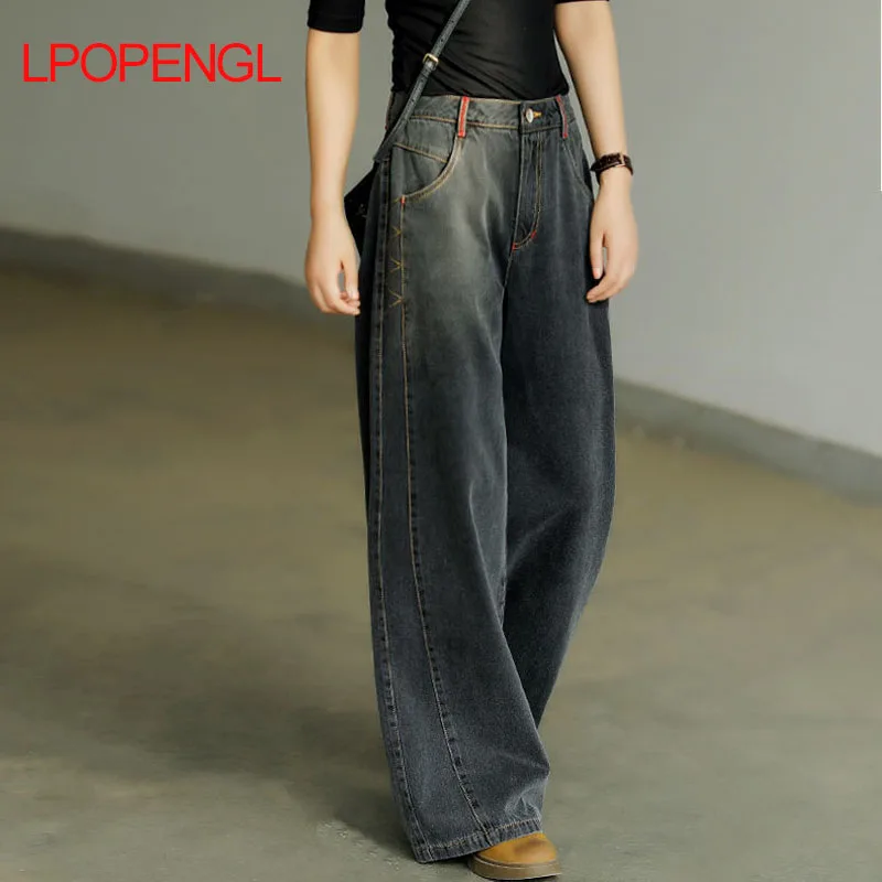Black Straight Vintage Jeans Women\'s 2021 y2k Streetwear Denim Trousers Female Office High Waist Mom Drape Wide-leg Pants