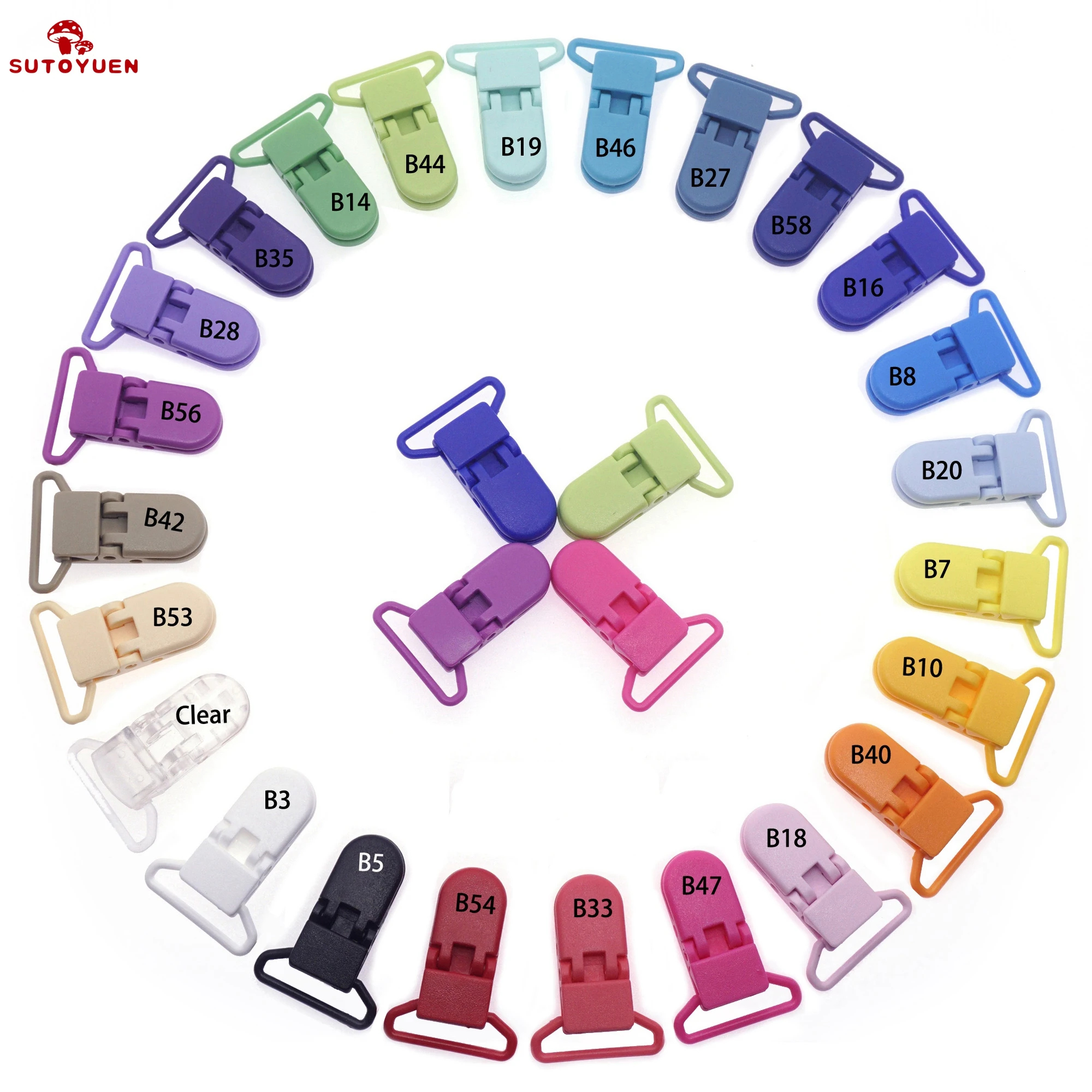 DHL 1000pcs 25mm Sutoyuen D Shape  Plastic Baby Pacifier Clip Suspender Dummy Alligator Man Soother Clip Holder 24 Colors