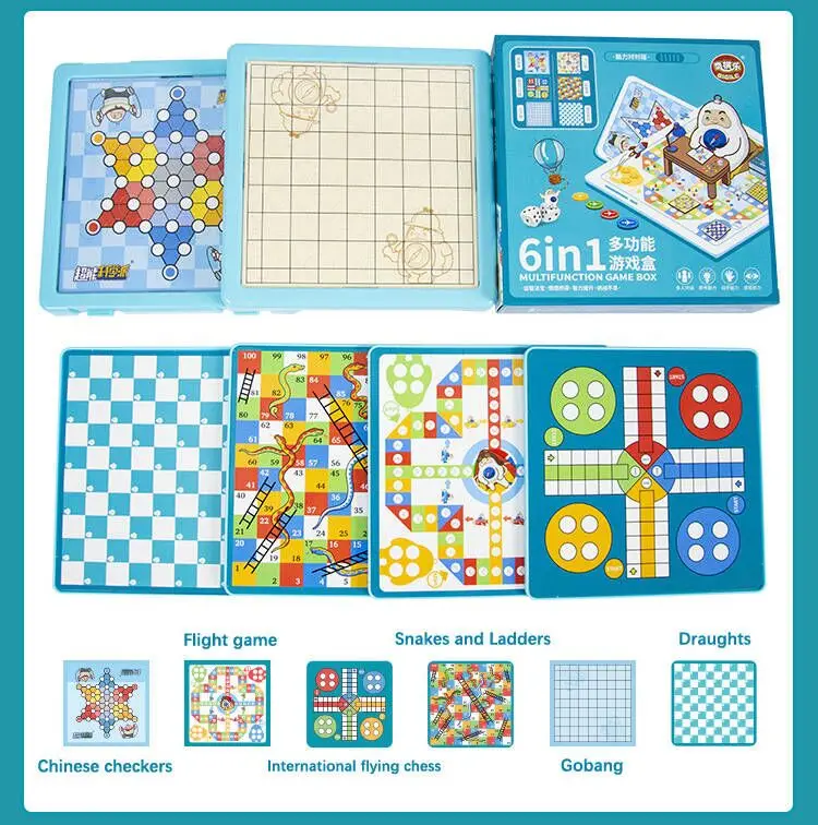 6 In 1 Portable Chess Board Travel Games Reversi Gobang Checkers Ludo Draughts Snakes And Ladders Educational Toys For Children