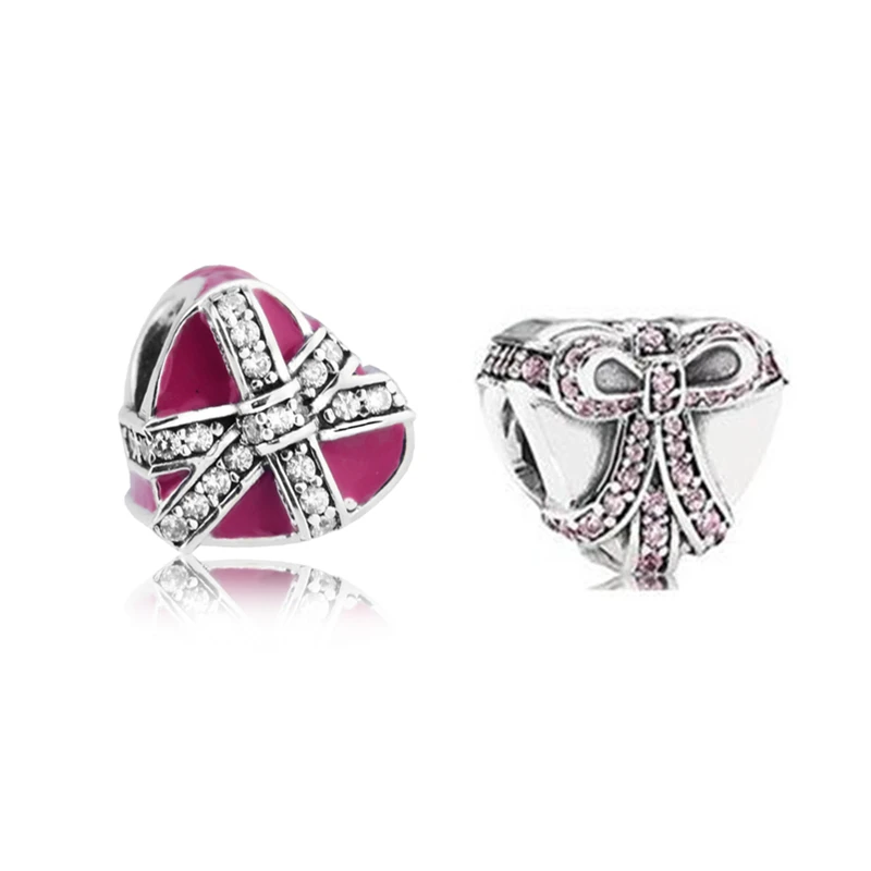 

Pink Bow Gift Box Charms For Jewelry Making Fits Original Charms 925 Silver Bracelets & Bangle Woman DIY Sterling Silver Beads