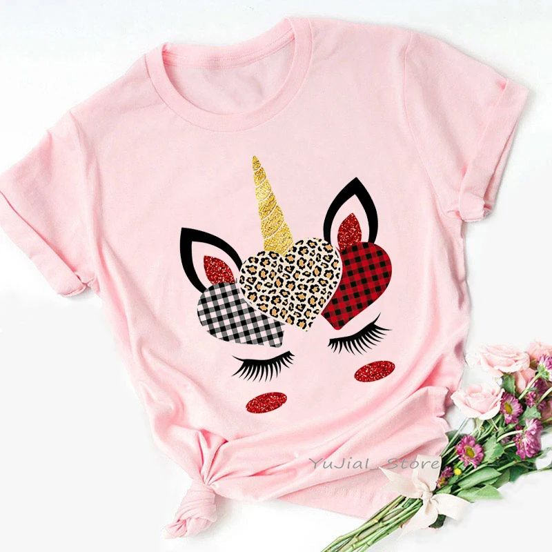 

Cute Unicorn Face Print Tshirts Women Clothes 2024 Valentine'S Day Shirt Leopard Red Hearts Gift For Girls T-Shirt Female Tops