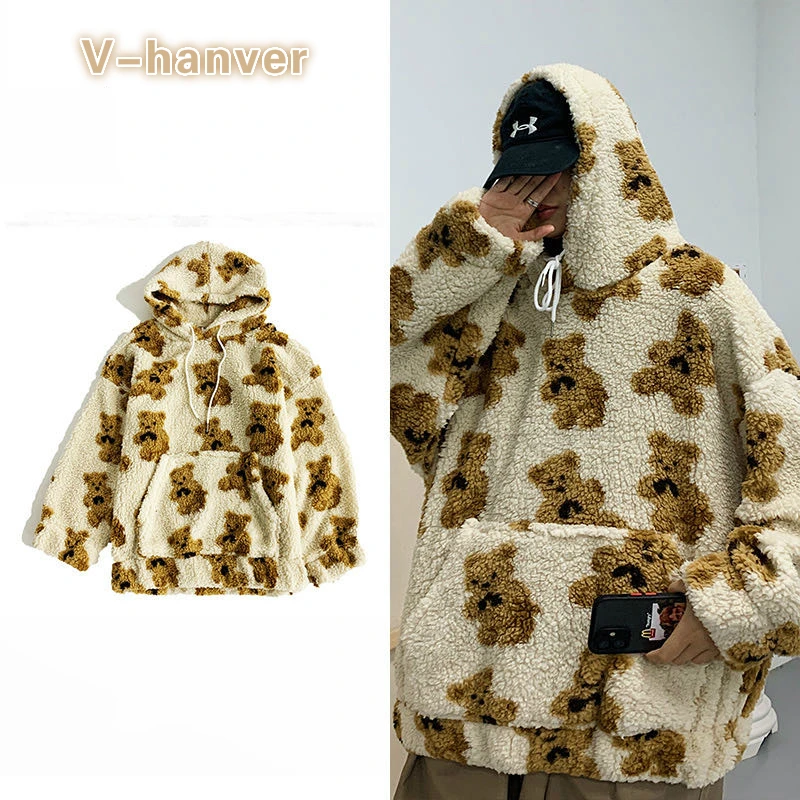 V-hanver Hoodie Berbulu Pola Beruang Kecil 2020 Pullover Manis Mewah Hangat Musim Dingin Wanita Vintage Gaya Korea Kaus Longgar