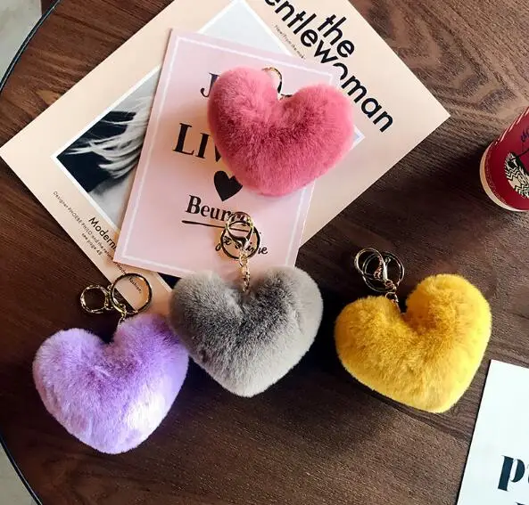 300pcs/lot 2019 New Plush Heart Keychains Cute Heart Shaped Keyrings for Women Gifts