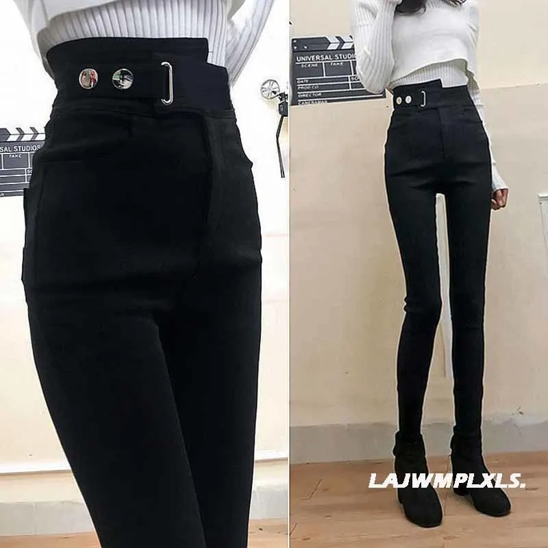 2022 Autumn Spring New Black leggings Casual Elastic High Waist stretch feet pants women\'s Metal Buttons was thin Pencil Pants