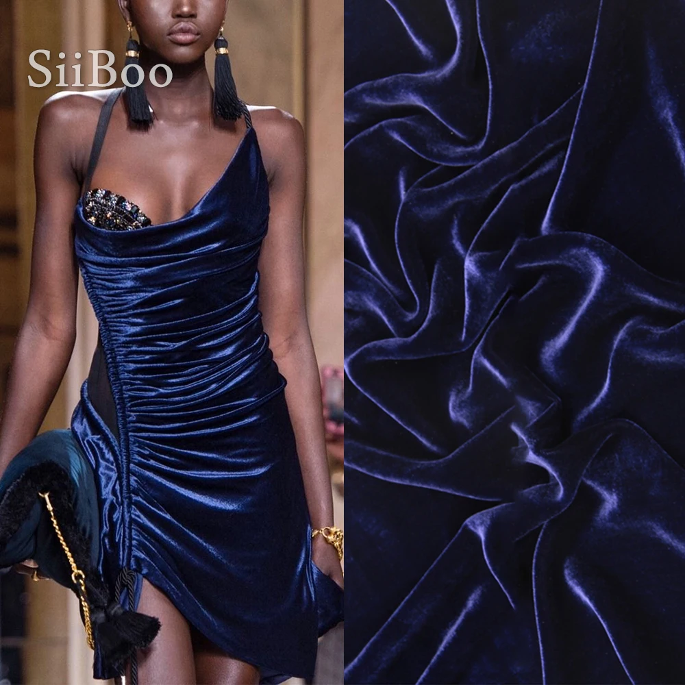 Siiboo natural silk velvet fabric for women delux evening dress party wear solid color blue series Fabrique de soie sp6410