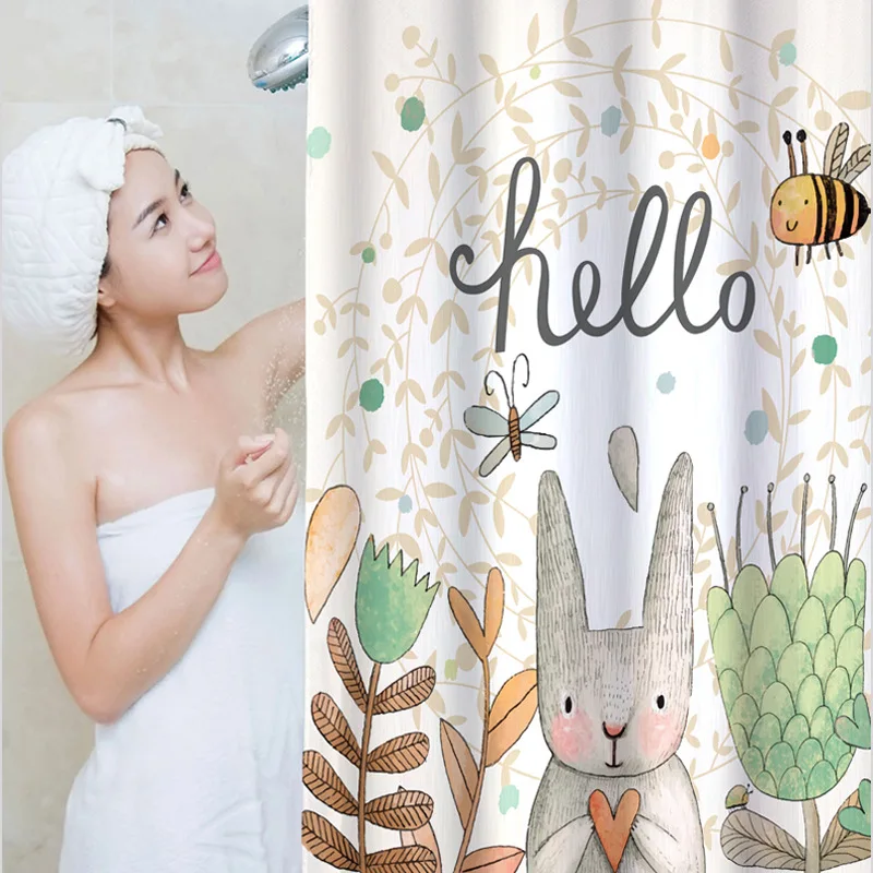 Top Quality Hello Cute Rabbit Shower Curtain Art Flowers Print Waterproof Fabric Bath Curtains with 12pcs Hooks Bathroom Decor