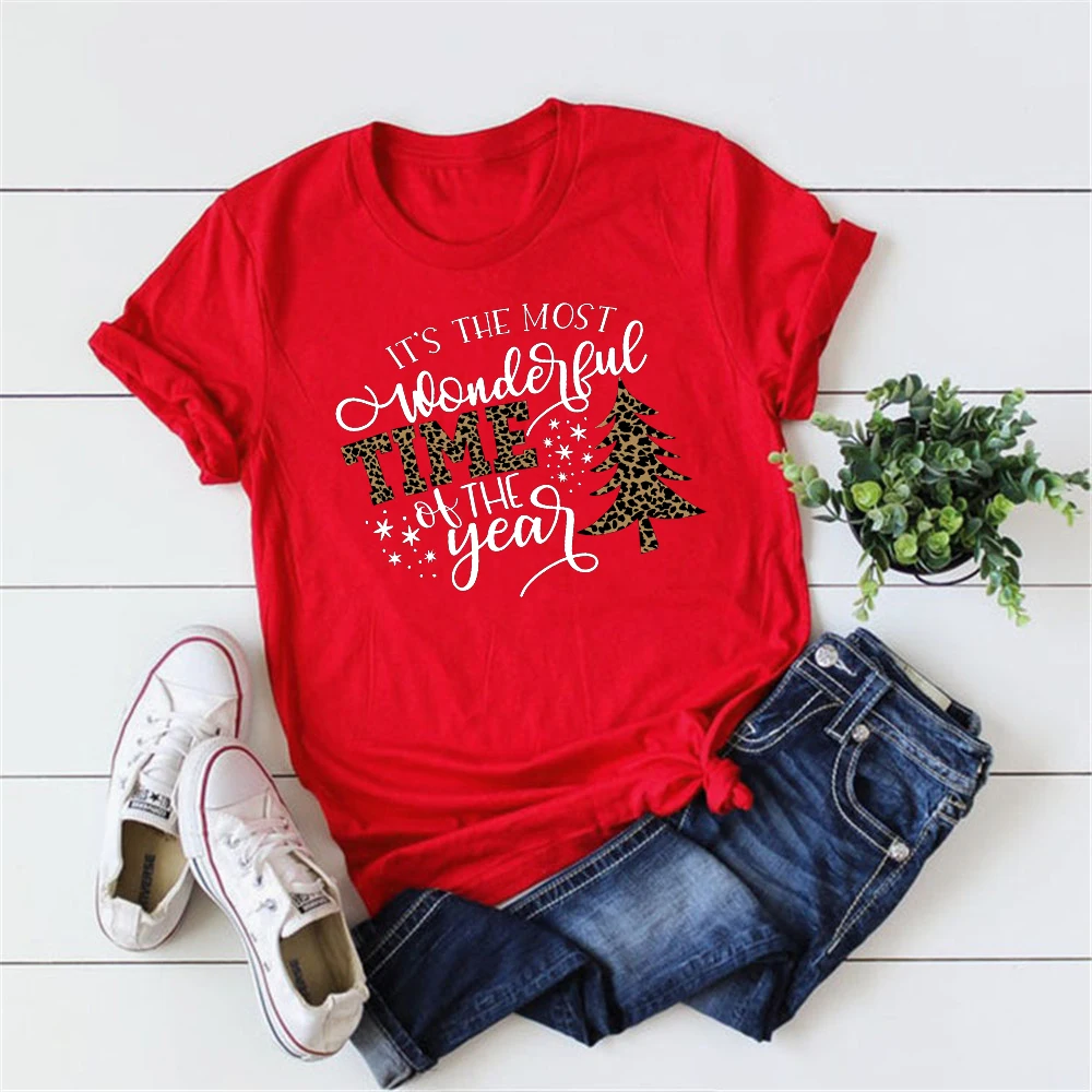 2025 Christmas T-Shirt Most Wonderful Time of The Year Shirt Cheetah Christmas Tees Xmas Leopard Graphic Tee Kawaii Harajuku Top