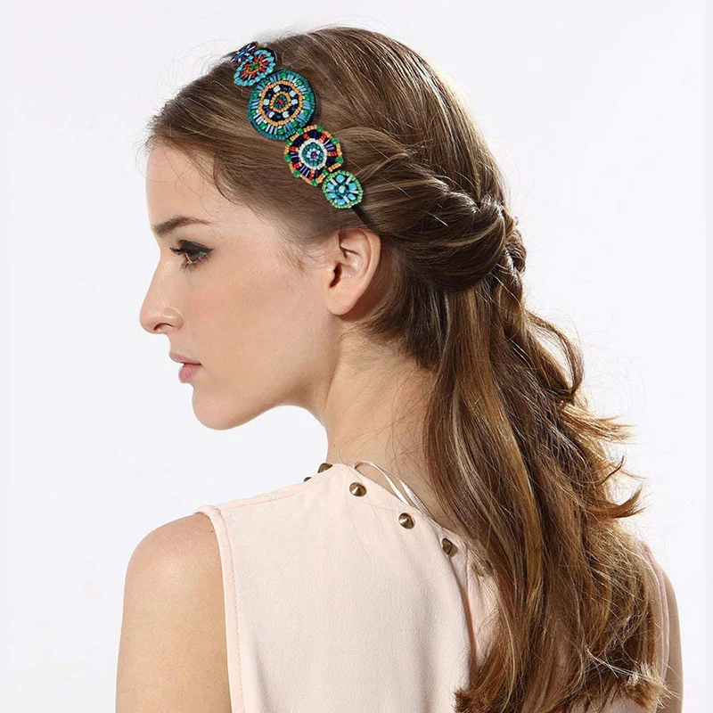Vintage Green Blue Queen Shiny Crystal Handmade Beads Elastic Headband Women Wedding & Engagement Hair Accessories Bridal Banage