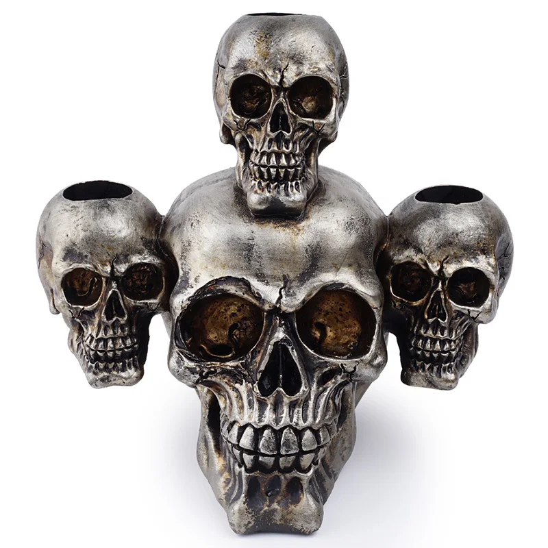 HeyMamba Resin 3 Head Skull Candlestick Holder Home Halloween Decoration Candle Holders