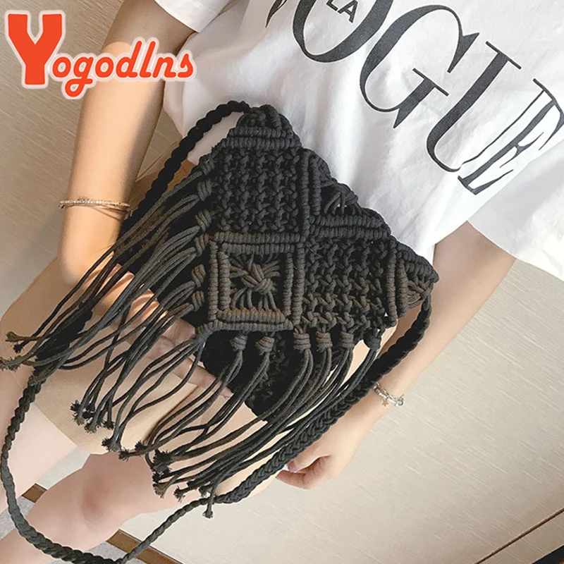 Yogodlns Bohemian Tassel Straw Bag Women Fashion Weave Handmade Crossbod Bag Summer Kintted Beach Handbag Vacation Lady Pouch